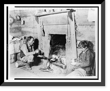 Typical Kentucky mountaineer home. 70 year-old grandfather cooking his Red Cross bacon over the fire for himself and grandson, Vintage Wall Art