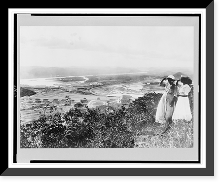 Two women, standing on hill, overlooking Pacific entrance to the Panama Canal, Balboa, Panama, Vintage Print