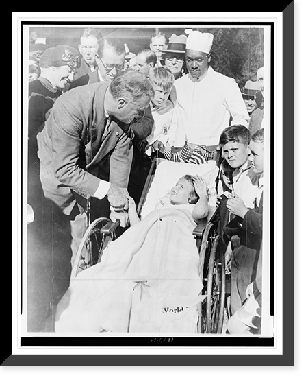 Franklin D. Roosevelt, governor of New York, greets girl in wheelchair Classic, Antique Print