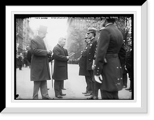 Historic Framed Print, Commander Bingham and Mayor McClellan pin medals on honor policeman in police parade, New York,  17-7/8" x 21-7/8"