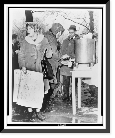 Students drinking coffee provided by the White House during demonstration against the arms race, Vintage Print