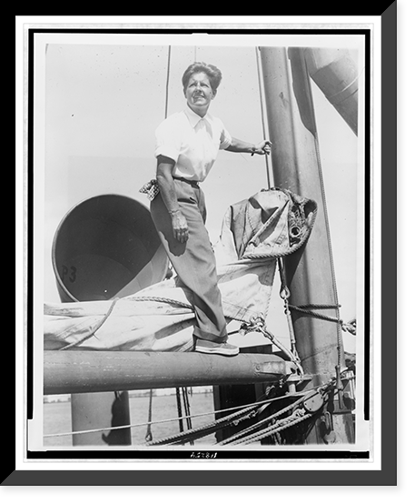 Betty Carstairs, full-length portrait, on the rigging of the yacht Sonia 2, Historic Reproduction