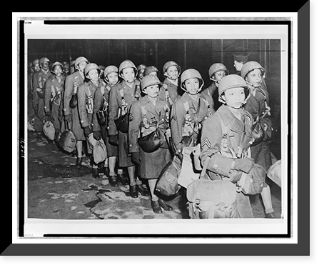 First African American members of the Women's Army Corps assigned to overseas duty get off a train at night in England Classic, Antique Poster