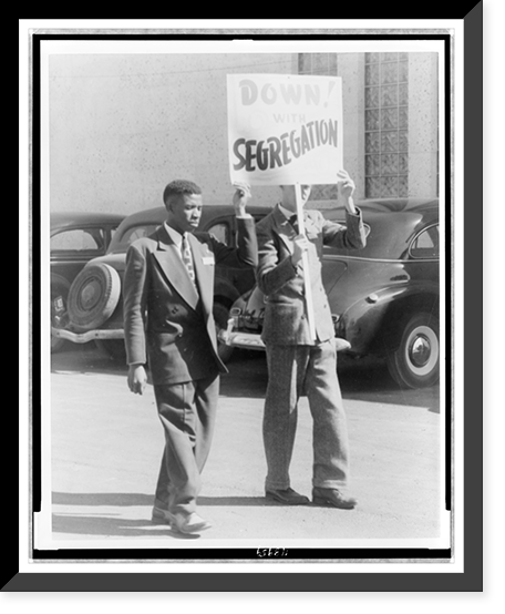 Two men carrying sign reading, Down! with segregation" to protest segregation in education", Historic Reproduction