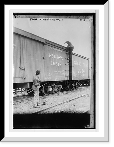 Tramp climbing on railroad car, Vintage Wall Art