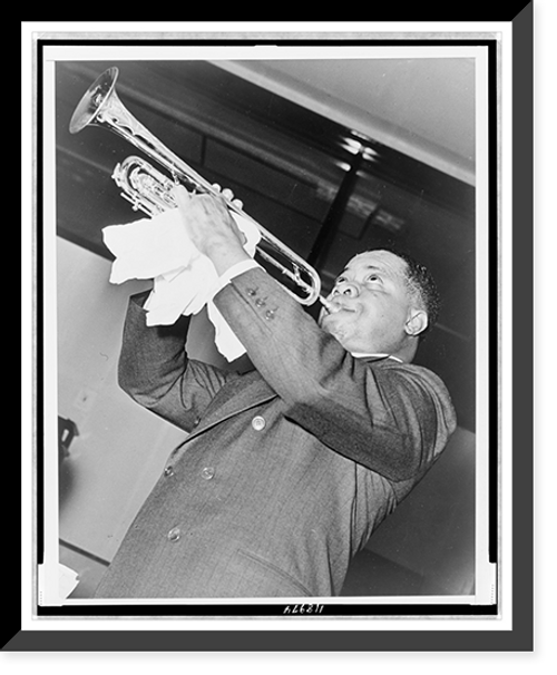 Historic Framed Print, [Louis Armstrong, half-length portrait, facing left, playing trumpet],  17-7/8" x 21-7/8"
