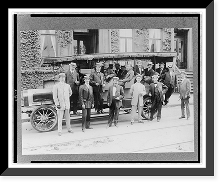 Gutzon Borglum(?) with group of men on and around open bus at Bull Moose Convention(?), Vintage Wall Art