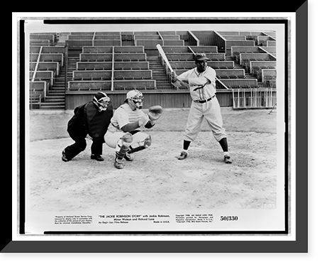 Film still from The Jackie Robinson Story showing Jackie Robinson (as himself) at bat, with catcher and umpire behind the plate, Antique Poster
