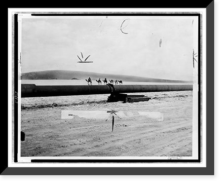Historic Framed Print, [Camel caravan making its way across desert next to the trans-Arabian oil pipeline],  17-7/8" x 21-7/8"