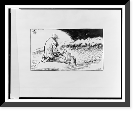 Fidel Castro building a sand castle on a tiny island as a huge wave bears down on him.Oliphant, Antique Poster