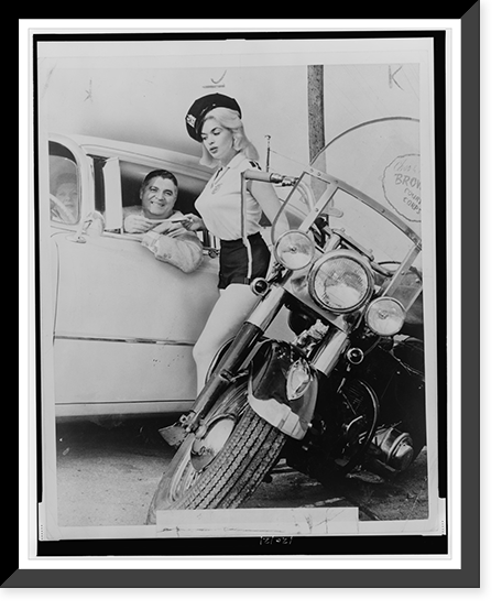 Jayne Mansfield, posed as motorcycle cop Miss Traffic Stopper, ticketing male driver, Vintage Wall Art