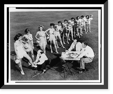 Eleven finalists, selected from 250 students at Mount San Antonio College, Pomona, competing for the Queen of the Los Angeles County Fair, stand on lawn, in front of judges Antique Wall Art Print
