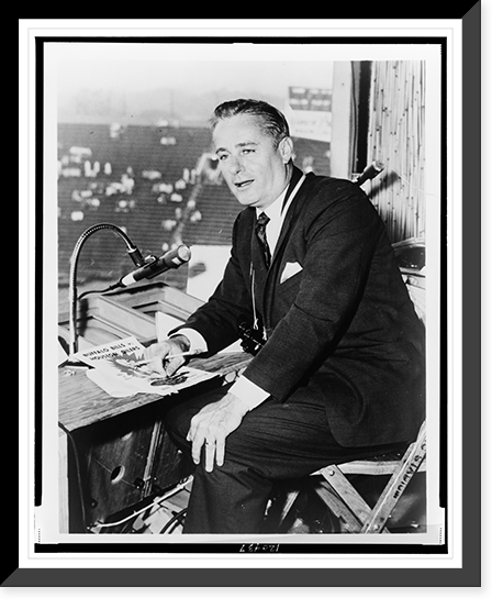 Curt Gowdy, three-quarter length portrait, seated at microphone in stadium, facing left, Antique Wall Art