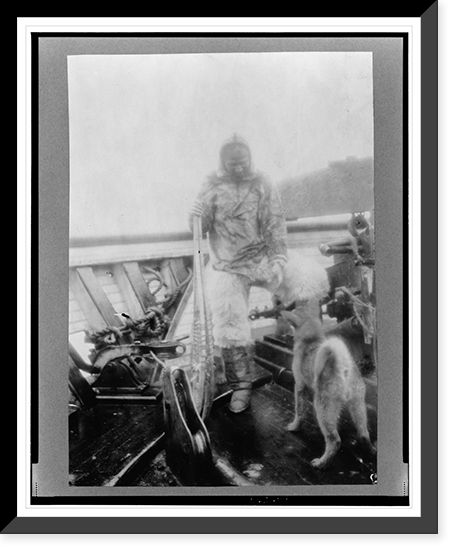 Historic Framed Print, Matt Henson (of Peary's crew) in Arctic costume on deck of the Roosevelt" on arrival at Sidney,  Nova Scotia",  17-7/8" x 21-7/8"