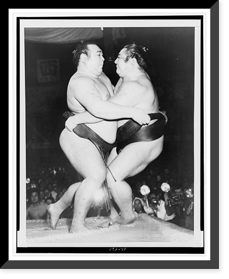 Kagamisato (left) and Yoshibayama, Japanese Sumo wrestlers, during match in Tokyo, Vintage Wall Art