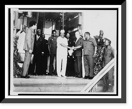 President Tolbert with other men at public entrance to the executive mansion, Monrovia, Liberia, Antique Print