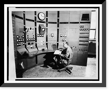 Enrico Fermi seated at control panel of a particle accelerator, the world's most powerful atom smasher"", Vintage Poster