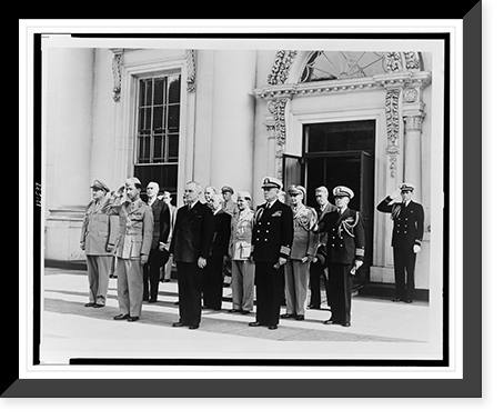 Harry S. Truman, full-length portrait, standing at attention, facing slightly left, with members of the military and other men, at a ceremony, outside the White House(?), Vintage Print