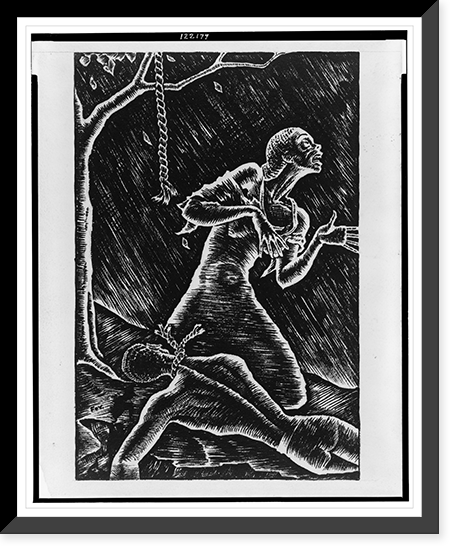 Cartoon showing anguished woman kneeling next to the body of a lynched man, Historic Reproduction