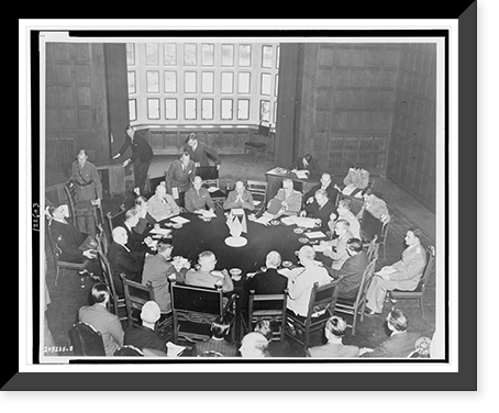Historic Framed Print, [Members of the Big Three" seated at table during Potsdam Conference,  including: Winston Churchill,  upper left with cigar; Joseph Stalin,  right holding cigarette; and,  President Harry S.,  17-7/8" x 21-7/8"