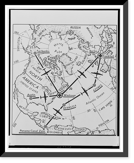 Historic Framed Print, [Map showing routes of U.S. Air Force C-54 Flying Boxcars" from the United States to Frankfurt,  Germany,  during their effort. to help break the Russian blockade of ground transport to West Berlin]",  17-7/8" x 21-7/8"