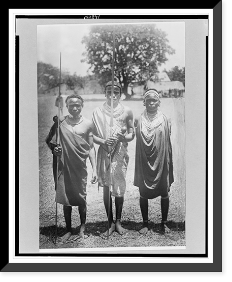 Three Nandi warriors full-length portrait, standing, facing front, Africa Classic, Antique Poster