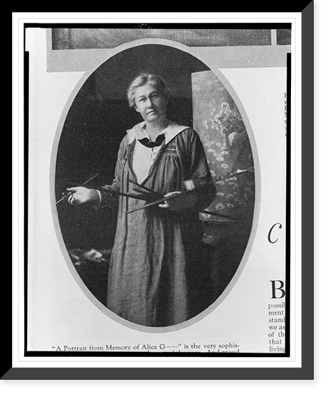 Jessie Willcox Smith, three-quarter length portrait, standing, facing front, holding palette and brushes, Historic Reproduction