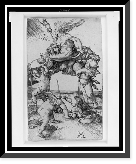 Witch riding backward on a goat accompanied by four putti.AD monogram, Antique Print