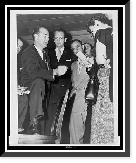 Historic Framed Print, [David Schine, sandwiched between colleague Roy M. Cohn (right) and their boss Senator Joseph R. McCarthy (left), discussing the State Department's Voice of America program with newsreporters in New York],  17-7/8" x 21-7/8"