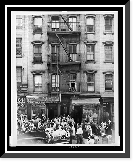 Crowd gathers outside building in New York City where David Greenglass was arrested, Vintage Poster