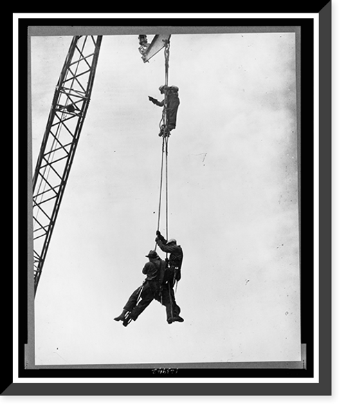 Historic Framed Print, Grand Coulee Dam, Columbia Basin reclamation project, Wash.: riggers using their own type of elevator on the dam,  17-7/8" x 21-7/8"