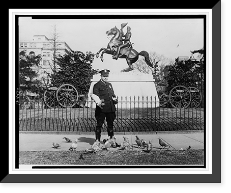 U.S. Park Police officer feeding pigeons in front of statue of Andrew Jackson on horseback, Lafayette Square, Washington, D.C, Antique Print