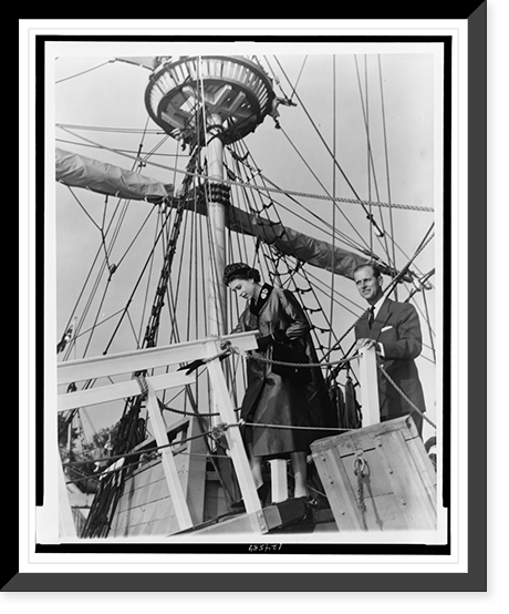 Queen Elizabeth II and Prince Philip disembark from the ship Susan Constant" at Jamestown, Virginia", Vintage Poster