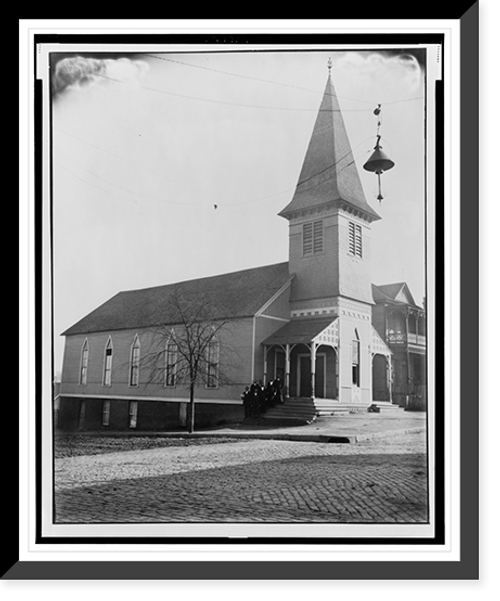 Historic Framed Print, [Exterior view of church with group of African American men standing on steps in Georgia],  17-7/8" x 21-7/8"