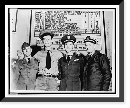 Combat scoreboard of the giant USS Enterprise forms background for four of its crew members, all of whom have been with ship since its commissioning in 1938, Antique Wall Art