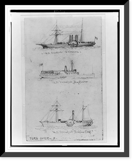 Broadside views of three sidewheel steamships: U.S. Transport Ericcson, U.S. Transport Mayflower, and U.S. Transport Empire City"", Historic Print