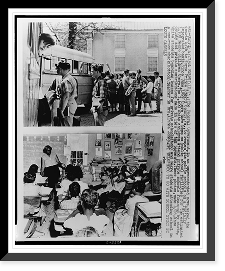 Composite photograph: (left) white students boarding school buses for private school, (right) African American children seated in one-room school with teacher, Historic Reproduction