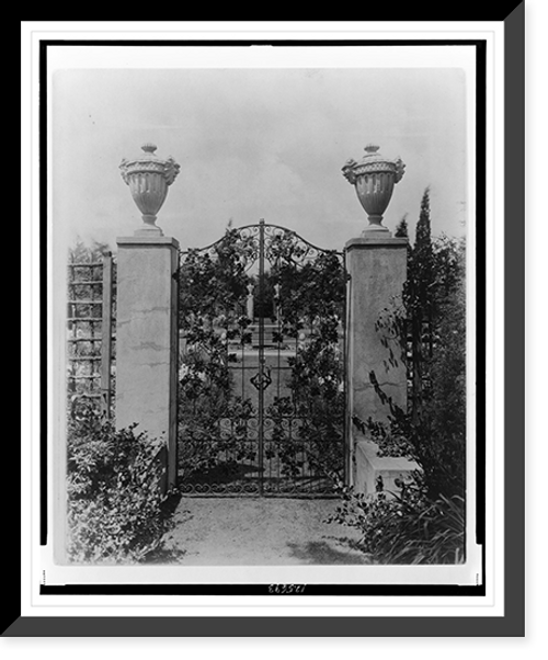 Historic Framed Print, [A.C. James home, Suprise Valley",  the Blue Garden,  gate with urns,  Newport,  Rhode Island]",  17-7/8" x 21-7/8"