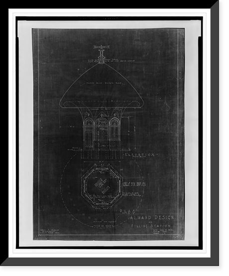 Filling station. Elevation and plan. Working drawing.John P. Almand Architect Little Rock Ark, Antique Poster