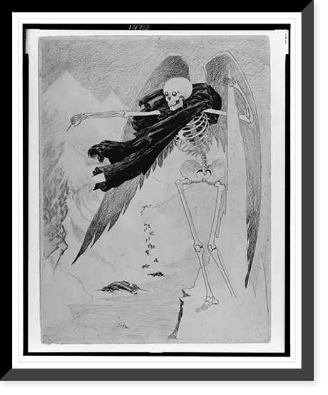Angel of death overlooks trail of dying leading through snow-covered mountains, Antique Poster