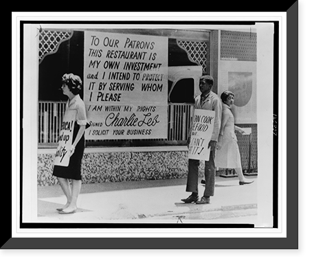People picketing outside an Atlanta restaurant which displays sign against integration, Vintage Poster