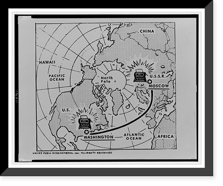 Polar map of the Northern hemisphere, showing two hot line teletype machines connecting Washington, D.C. and Moscow, Russia, Antique Print