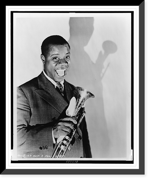 Historic Framed Print, [Louis Armstrong, half-length portrait, facing front, holding trumpet, as he appeared in Columbia Picture's Pennies from heaven"]",  17-7/8" x 21-7/8"
