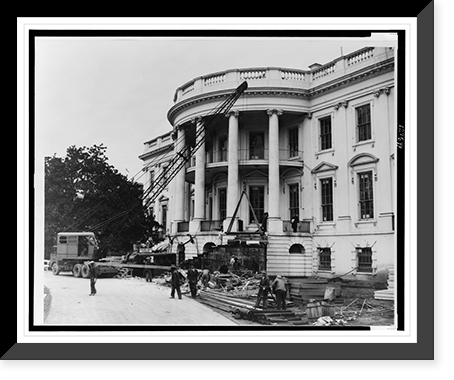 Workmen using a crane and an air compressor to make repairs to steps of the White House South Portico, Antique Print