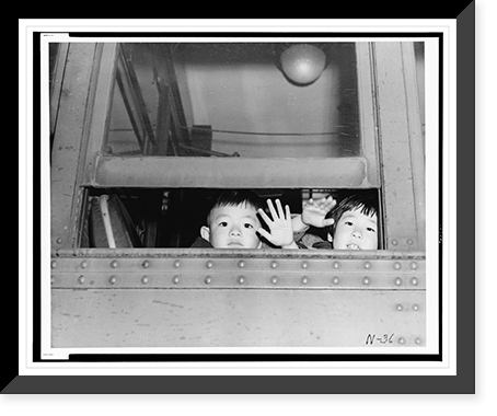 Historic Framed Print, Long Beach (Calif.) Evacuation .  Young evacuees gayly wave goodbye to friends,  17-7/8" x 21-7/8"
