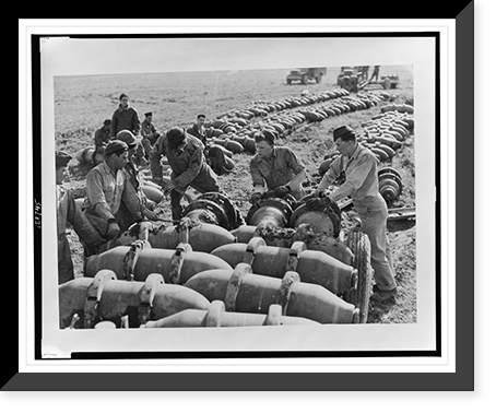Military personnel fastening together bombs(?), Italy, Antique Print