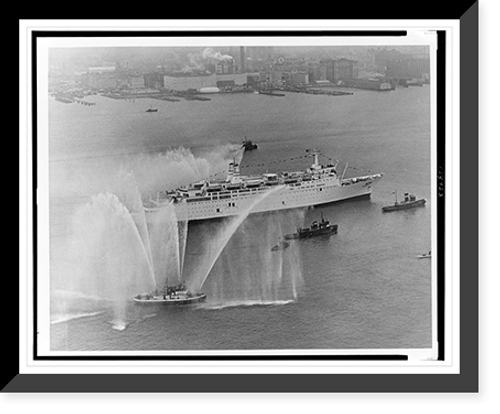 Historic Framed Print, [Israeli luxury liner Shalom" arriving in New York City escorted by tugboats spraying plumes of water].World Telegram & Sun photo by Dick DeMarsico.",  17-7/8" x 21-7/8"