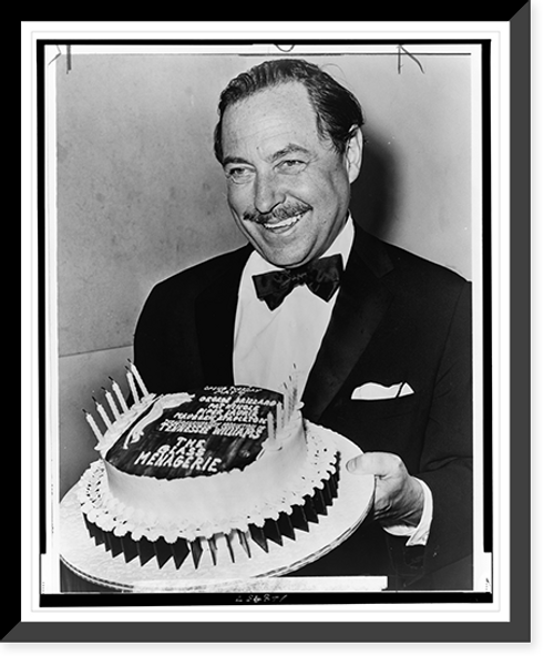 Historic Framed Print, Tennessee Williams with birthday" cake for the 20th anniversary of "The Glass Menagerie" opening.World Telegram & Sun photo by O. Fernandez.",  17-7/8" x 21-7/8"