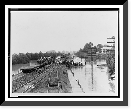 Workers unloading sandbags from flatbed railroad car, while others are building a levee, partially submerged electric power line poles on right.Ewing, Inc., Baton Rouge. Classic, Historic Print