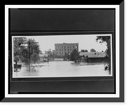 Houses, trees, and utility poles partially submerged by flood waters, in the distance, buildings on higher ground.Ewing, Inc., Baton Rouge, Vintage Poster
